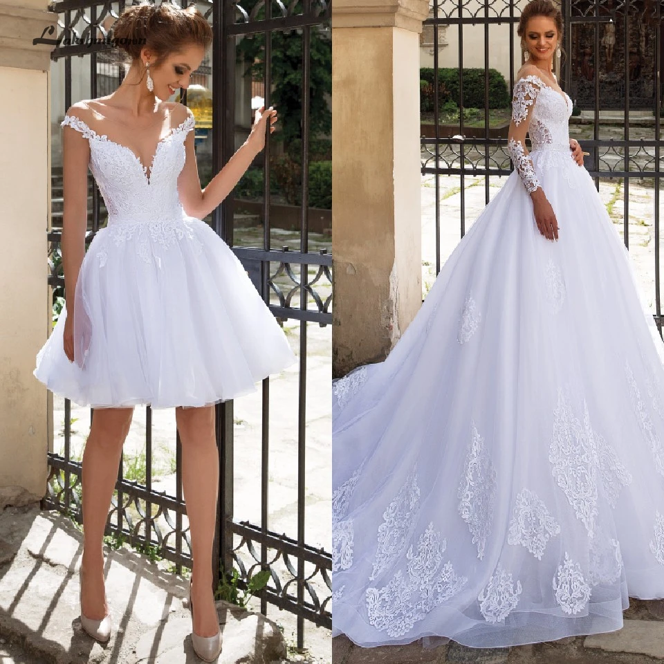 Lakshmigown роскошное ТРАПЕЦИЕВИДНОЕ свадебное платье 2 в 1 с рукавами кружевное Vestido de