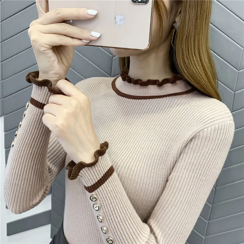 OHCLOTHING5344-женские свитера 2019New Женский пуловер высокая эластичность falbala вязаный кружевной воротник подходит ко всему джемпер