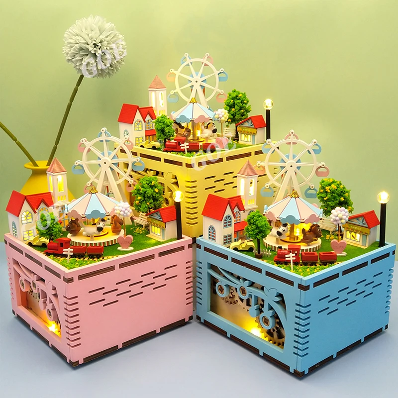 

Carousel Ferris Wheel Music Box DIY Wooden Dollhouses Mini Villa Kit Assembled Miniature Doll House Toys for Children Adult Gift