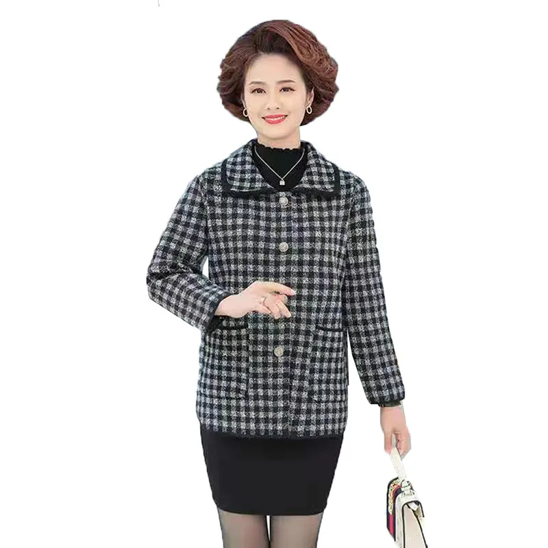 

Blended Woolen Coat Women's Autumn Winter Casual Plaid Jacket Middle-Aged Elderly Mothers Knitted Sweater Outerwear Tops 5XL
