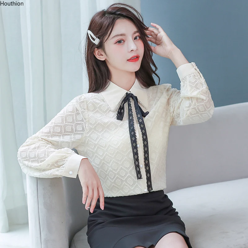 

Houthion Chiffon Women's Blouses Loose Regular Blouse Lace Office LadySolid Shirt Casual Long Sleeve Top Summer Fashion