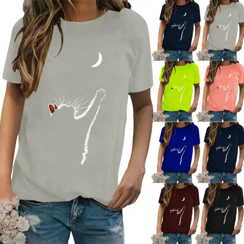 

Plus Size Women Cat Print Short Sleeve T-Shirt Top Casual Loose Crew Neck Shirt ute Cat 3D Print Long Sleeve T-Shirts