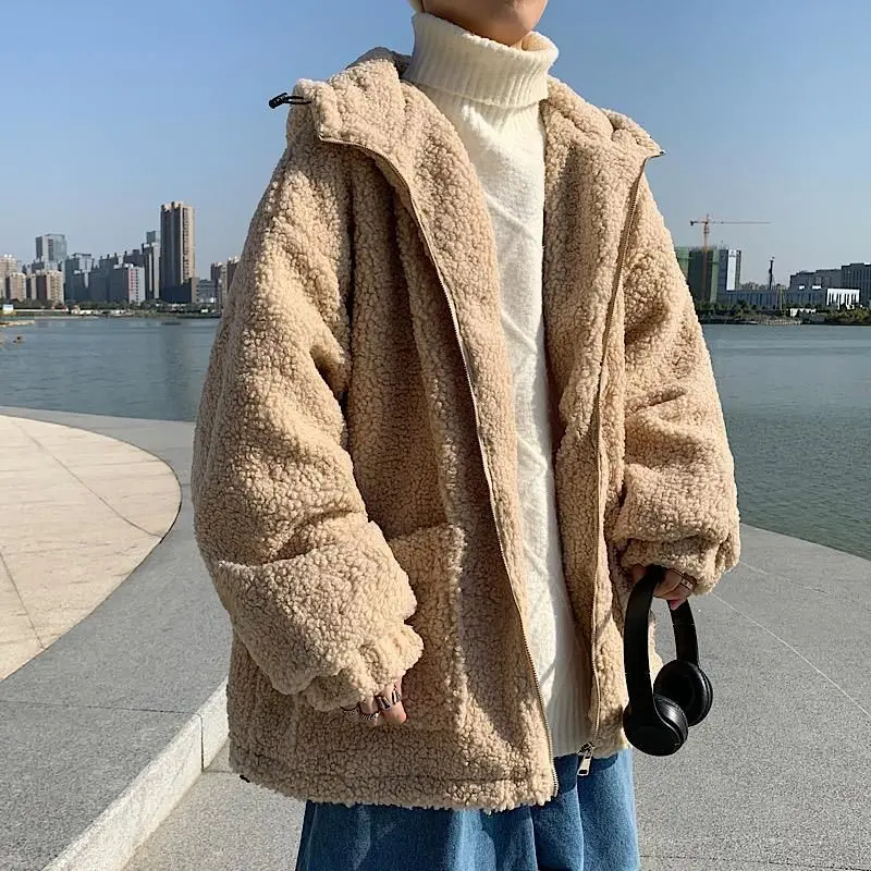 

Jacket Men Autumn Winter Lamb Wool Coat Solid Warm Oversize Jackets Korean Fashion Zipper Plus Velvet Thick Loose Man Clothing