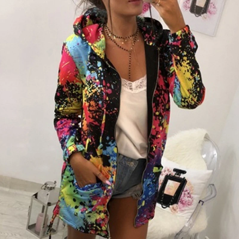 

Spring Autumn Bomber Jacket Coat Pocket Zipper Hooded Outwear Casual Windbreaker Thin Slim Overcoat Print Women Long Polyester