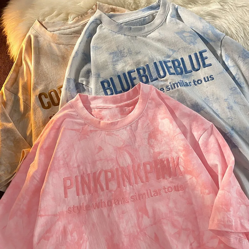 Short Sleeve T-shirts Women Letter Embroidery Tie Dye Oversize Hip Hop Loose Korean Style All-match Students Simple Chic O-neck