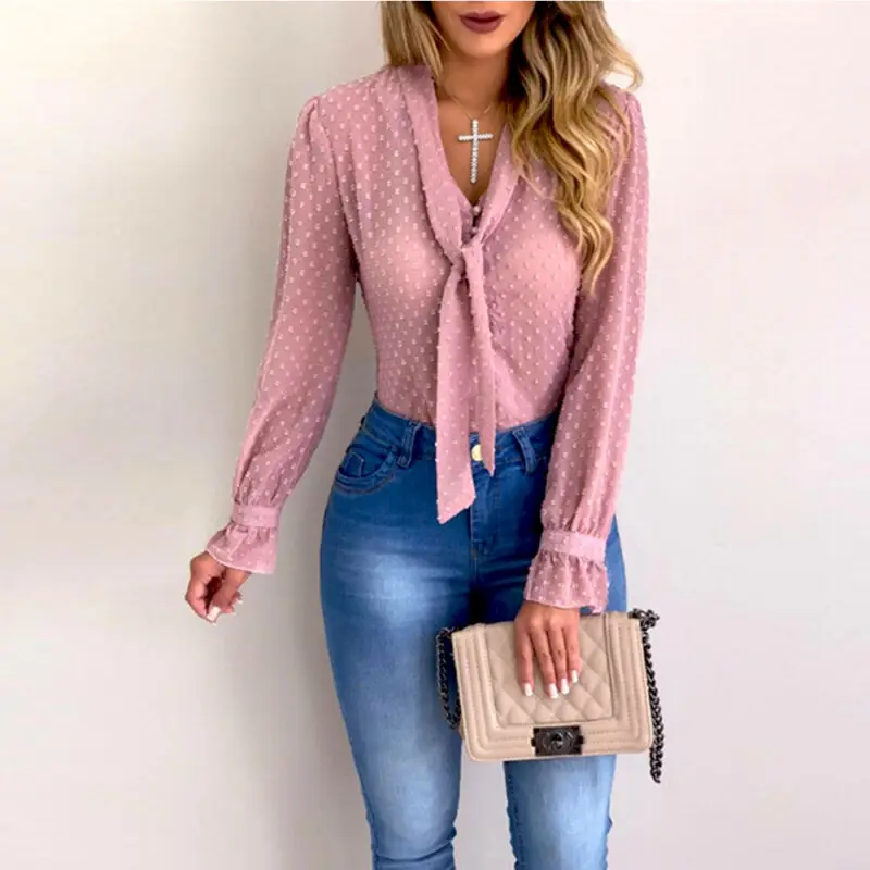 

Chiffon Blouses Women 2019 Autumn Summer Fashion Long Sleeve V-neck Pink Shirt Office Blouse Slim Casual Tops Female Plus Size