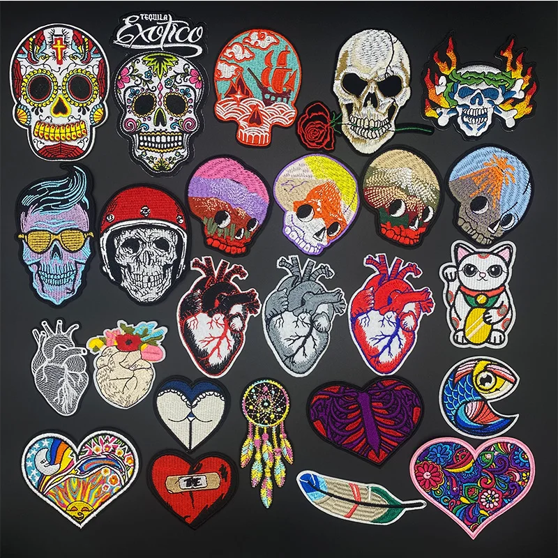 

Skull Patches for Clothing Punk Love heart Patch Badges Iron On Stickers Cloth Patch Embroidered Decorative DIY Jacket Jeans