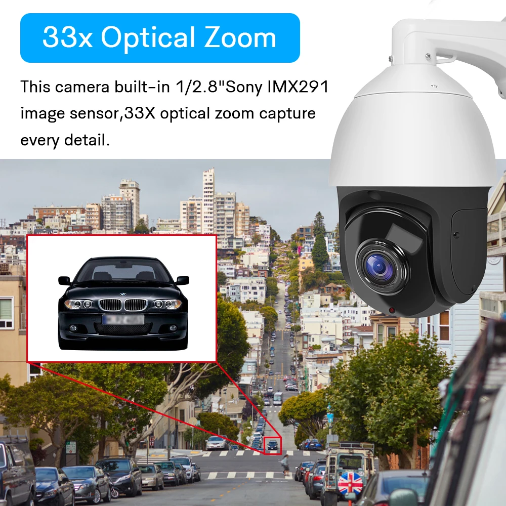 

PTZ Camera Outdoor 2MP HD Security IP Camera, IR Night Vision Pan Tilt 33X Optical Zoom,360 View, IP66 Waterproof