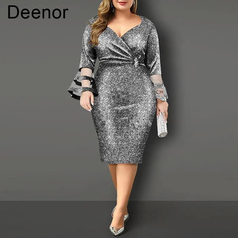 

Deenor Plus Size Dresses Elegant Bright Silk Wedding Birthday Party Dress V Neck Mesh Sleeve Evening Club Dresses