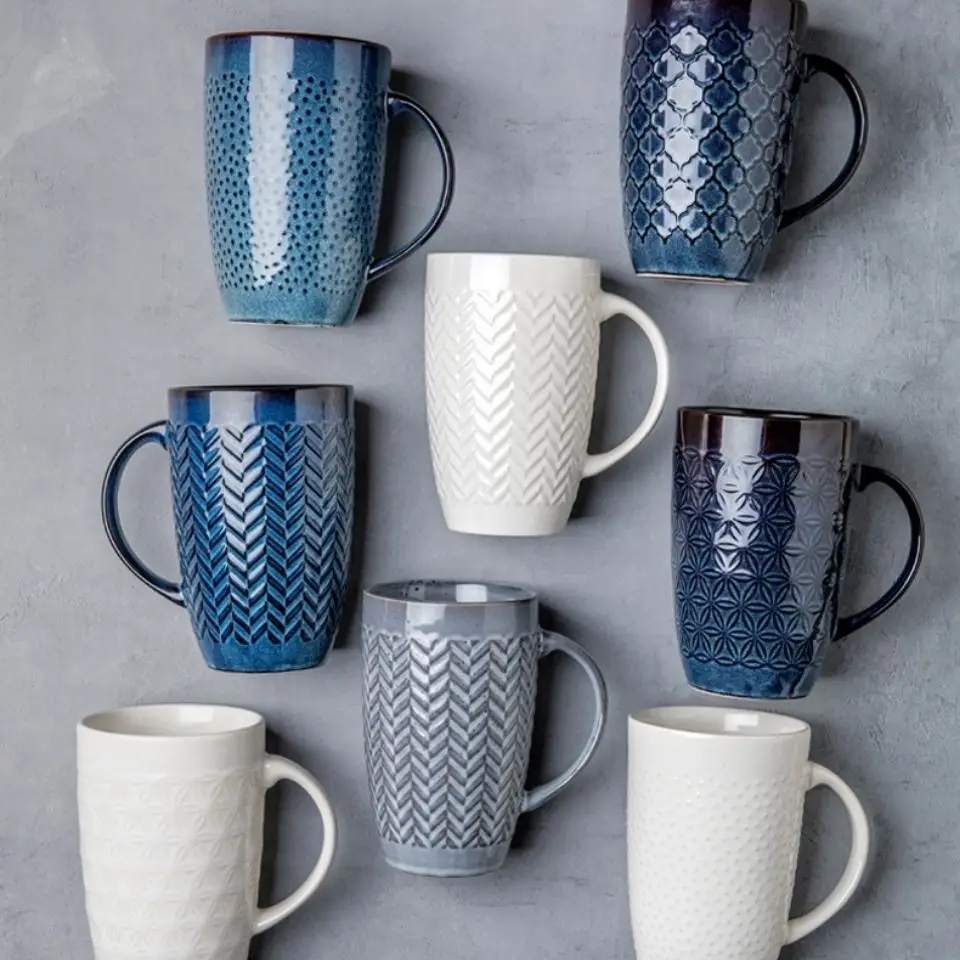 

600ml Nordic Ceramic Mug Coffee Cup Creative Embossed Bullet Cup Water Mug Large Capacity Office Milk Juice Drinking CupHandgrip