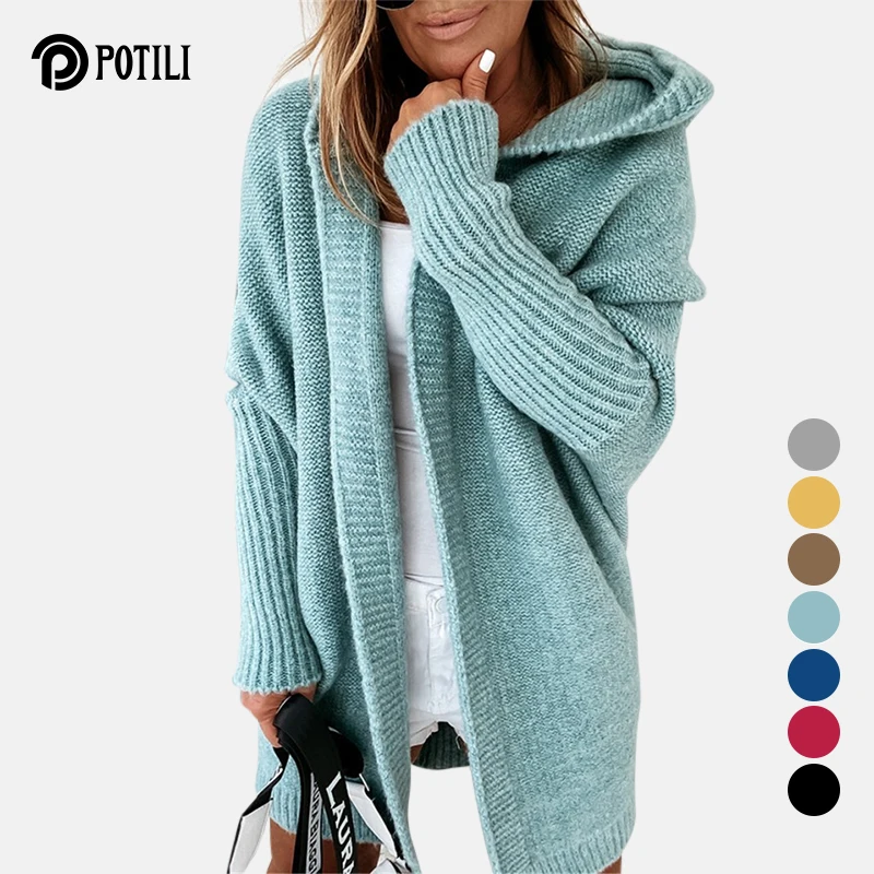 

POTILI Mid-length All-match Cardigan Coat Women Korean Fashion Loose Batwing Sleeve Autumn Loose Hooded Sweater Spring Jacket