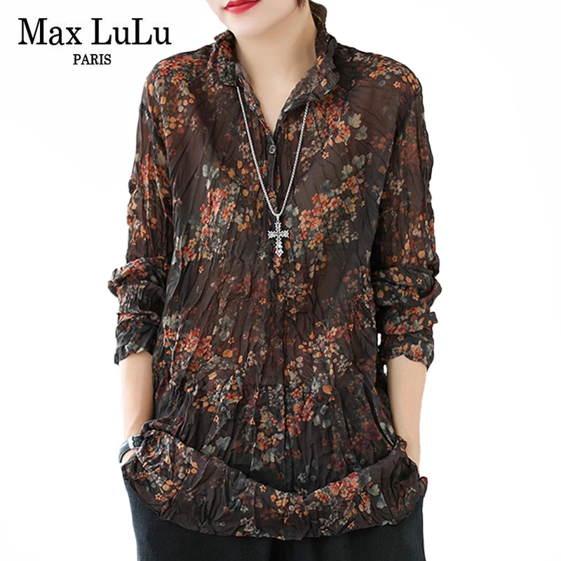 

Max LuLu New 2022 Spring Womens Vintage Elegant Print Design Shirts Korean Style Ladies Loose Casual Floral Blouses Button Tops