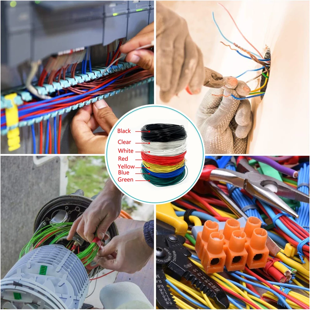 Провод электрический медный без кислорода 22AWG, жилы - черный, красный, белый, синий, зеленый, желтый, прозрачный, номинальное напряжение 300В, ток 3А, температурный режим 150 °C.