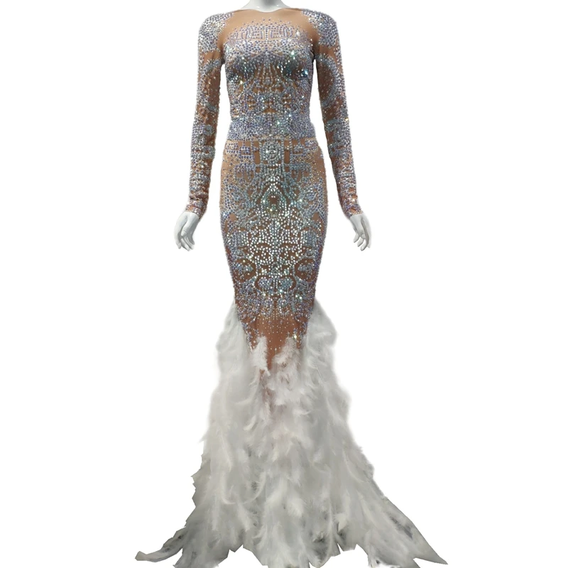 Женское блестящее длинное платье с перьями и стразами вечерние платья на