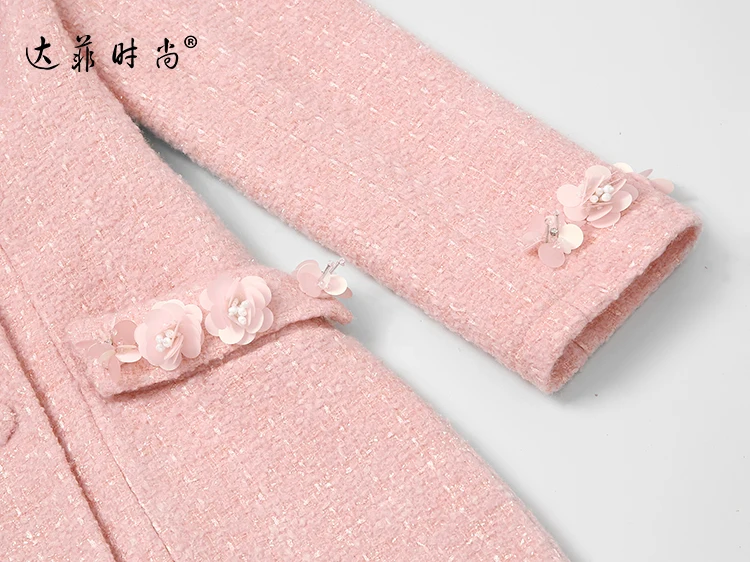 Elegant Feathers Double-breasted Winter Coat Women Runway Designer Thick Warm Pink Wool Coat Jacket High Quality Outwear