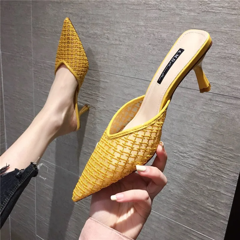 

2020 Mesh Slippers Women New Summer Shoes Women Fashion Knitted Elastic Pointed Slides Spike Heels Beige Mules Shoes High Heels