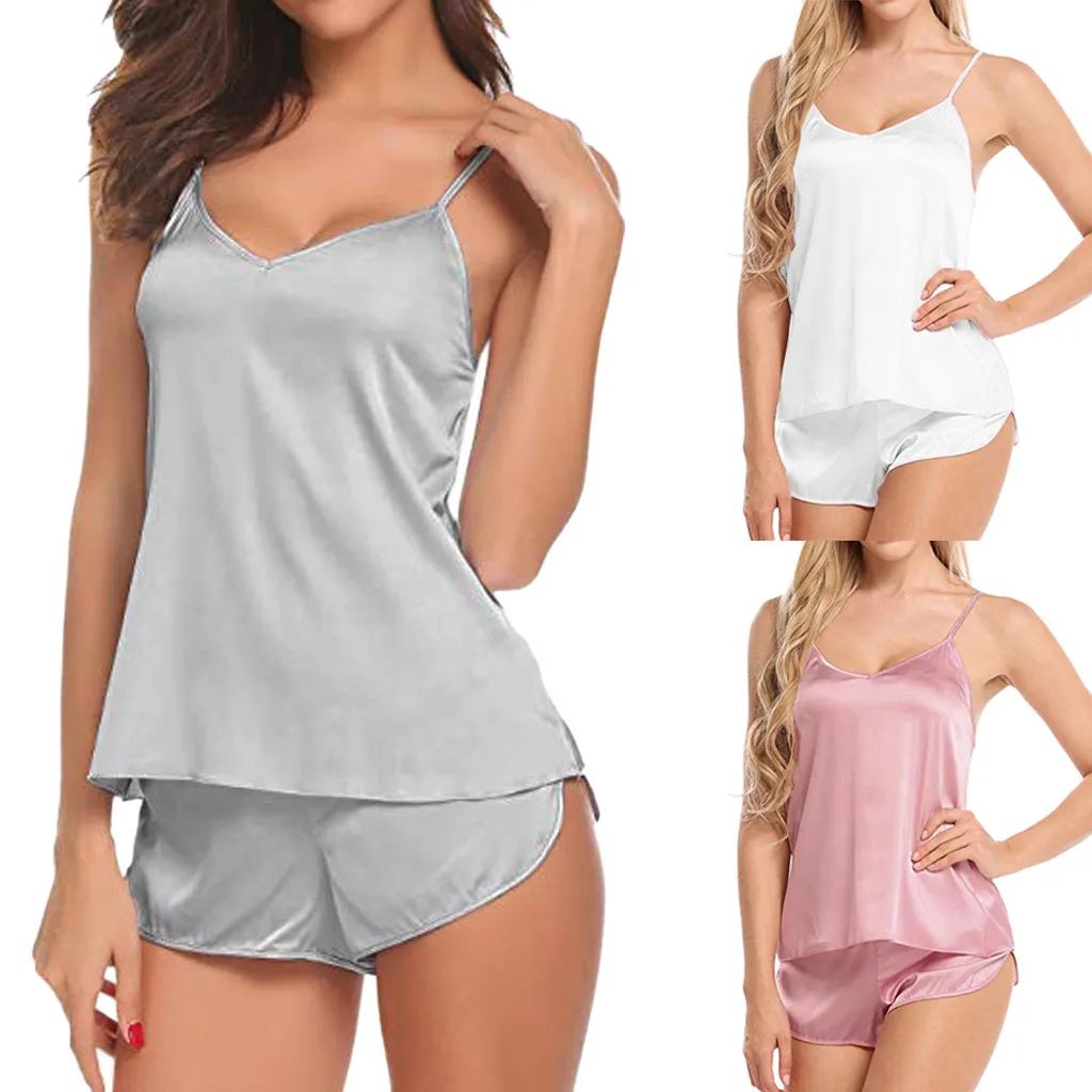 

Women Sleepwear Summer Solid Pajama Set V-neck Silk Satin Sleeveless Sexy Casual Female Home Wear Shorts Nightwear Pijama