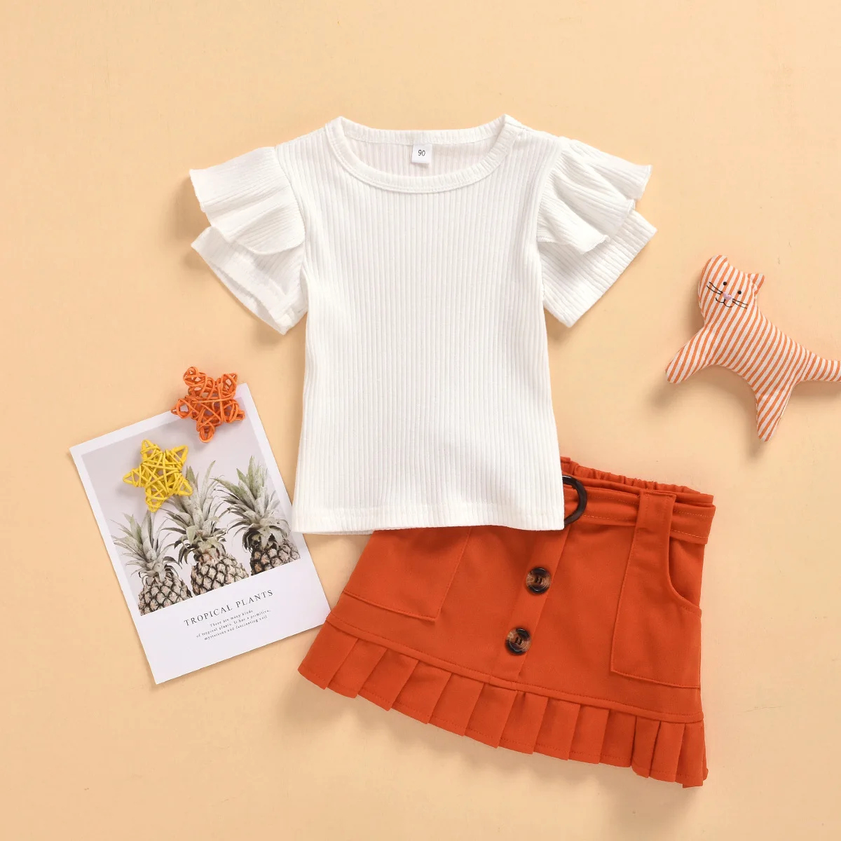 

2021 Summer New Set Korean Solid Short Sleeve Skirt Two Piece Children's Wear