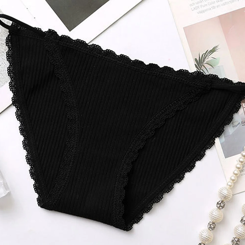 black Женские трусики из чистого хлопка с резьбой и средней талией пикантные хлопковые мягкие удобные однотонные трусики На Шнуровке Для Девочек - Цвет: black