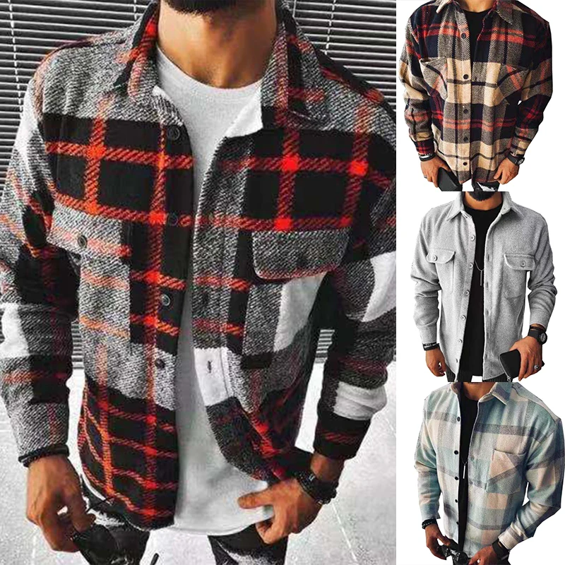 

Men's Shirt Autumn Long Sleeve Blouse Tee Tops Fashion Winter Men Plaid Coat Male Lapel Jacket Cotton Blend Shirts Daily Street