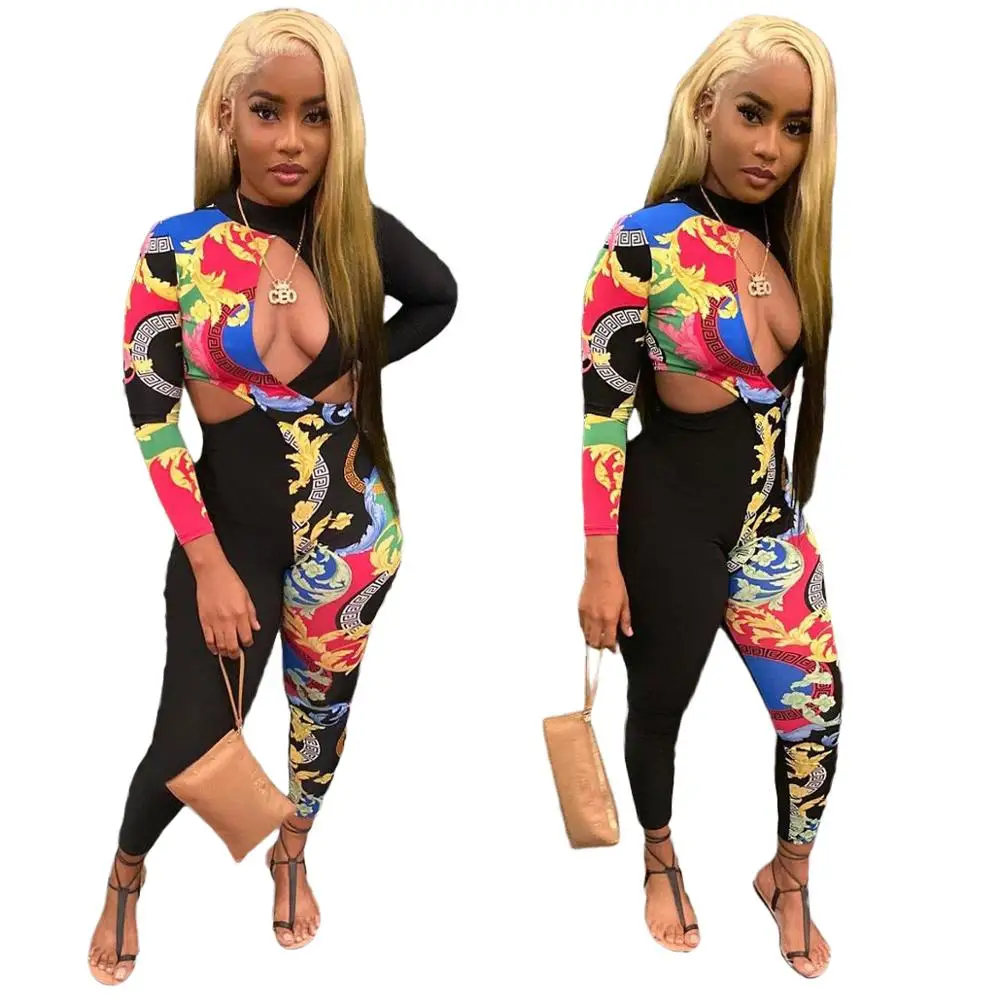 

2021 New Product Colorful Printed Trendy Chic Party Jumpsuit Overalls For Women Hollow Out Long Sleeve Rompers Wholesale