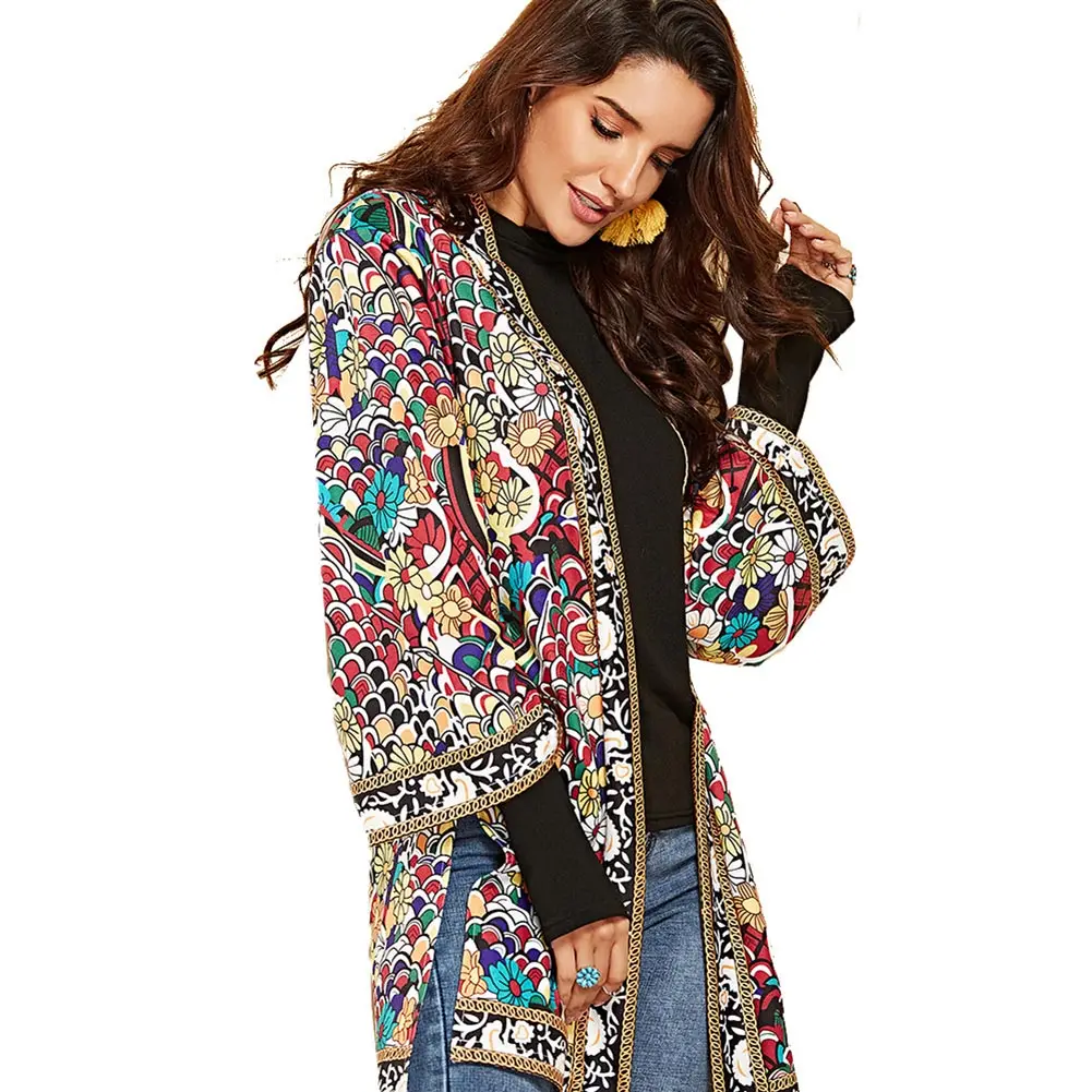 Женская Осенняя верхняя одежда с этническим цветочным принтом длинным рукавом