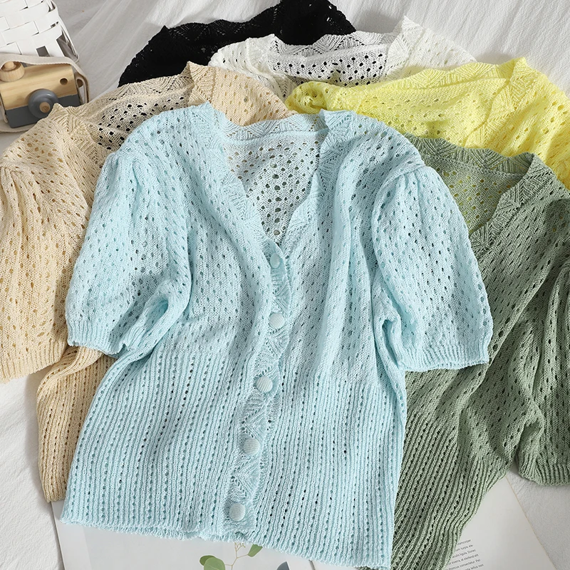 

Женская ажурная Футболка с рукавами, летний кардиган с V-образным вырезом, однобортный укороченный топ в Корейском стиле, Повседневная Улич...