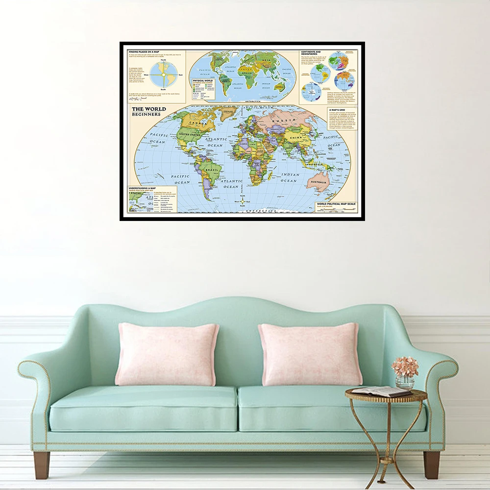 

60x90CM The Political World Map with Detailed Information on All Positions of The Earth Non-woven Blue Map Wall Art Picture