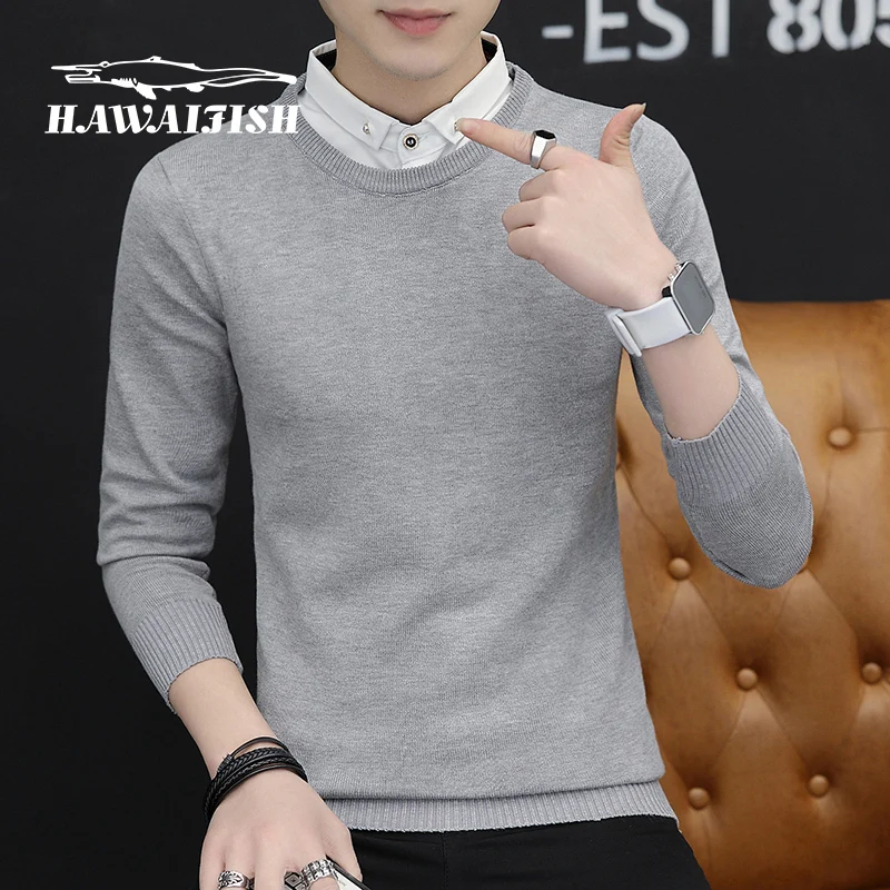 

Knit sweater men fake two-piece shirt collar Korean men's round neck solid color sweater fashion casual sweater youth sweater