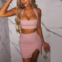 2021 summer new sexy hanging neck nightclub party umbilical vest bag hip short skirt two piece suit