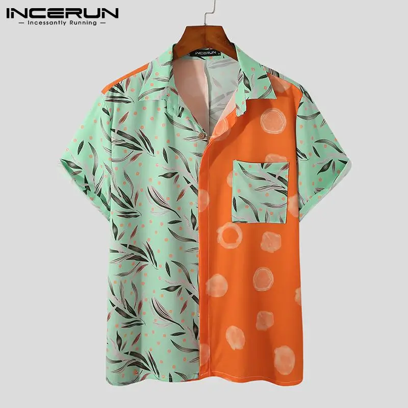 

INCERUN Summer Men Hawaiian Shirt Streetwear Print Patchwork Lapel Short Sleeve Casual Tops 2021 Vacation Camisa Masculina S-3XL