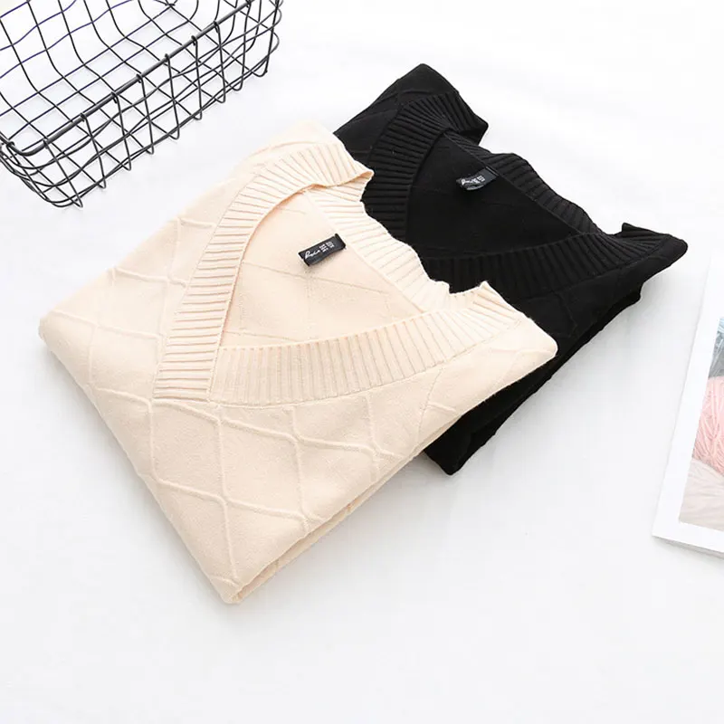 Осенне-зимние свитера для женщин Свободный вязаный свитер с v-образным вырезом