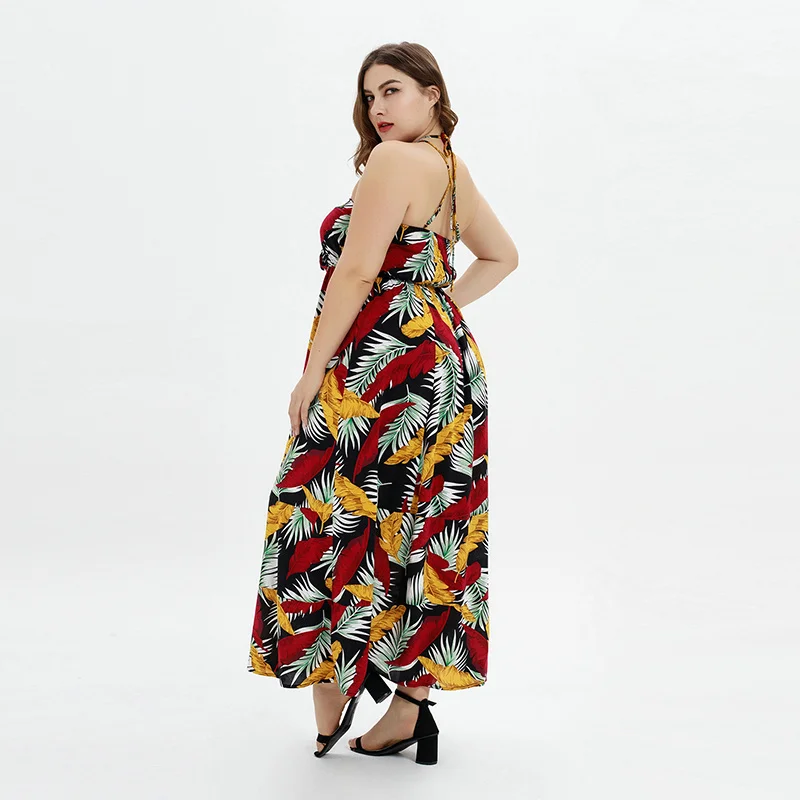 Vestido de verano de talla grande con tirantes, cuello en V, estampado de moda, bohemio, 2021