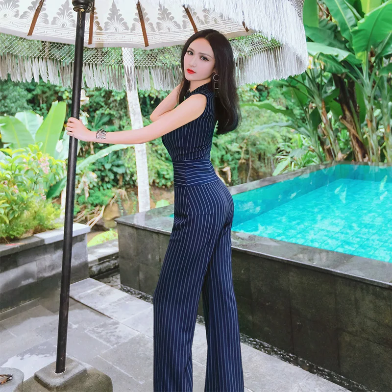 2020 New Brand Womens Striped Jumpsuit Korean Slim Fit Sleeveless Rompers Business Casual Office Lady Plus Size XL | Женская одежда