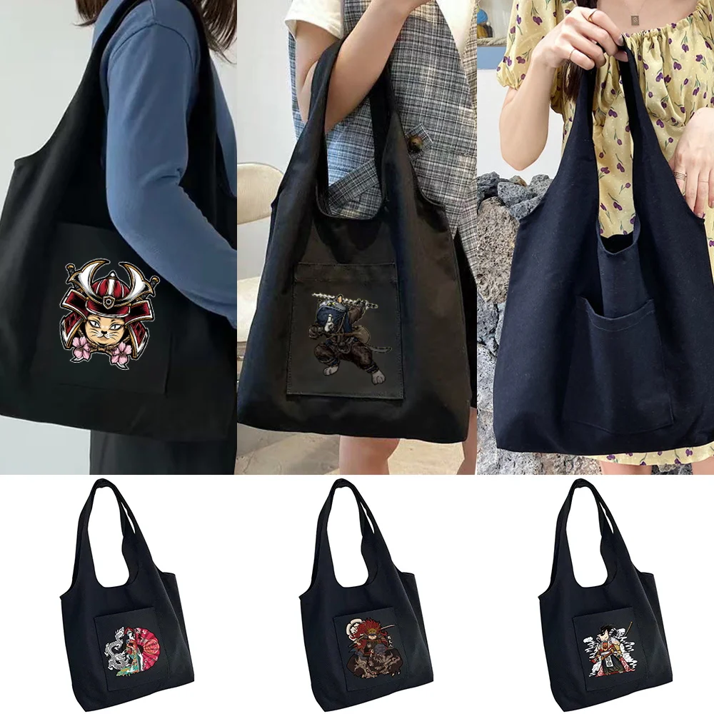 

Canvas Bag Women‘s Shopping Bag Commuter Grocery Shopper Samurai Print Handbags Bags for Women Pure Cotton Shoulder Bag Tote Bag