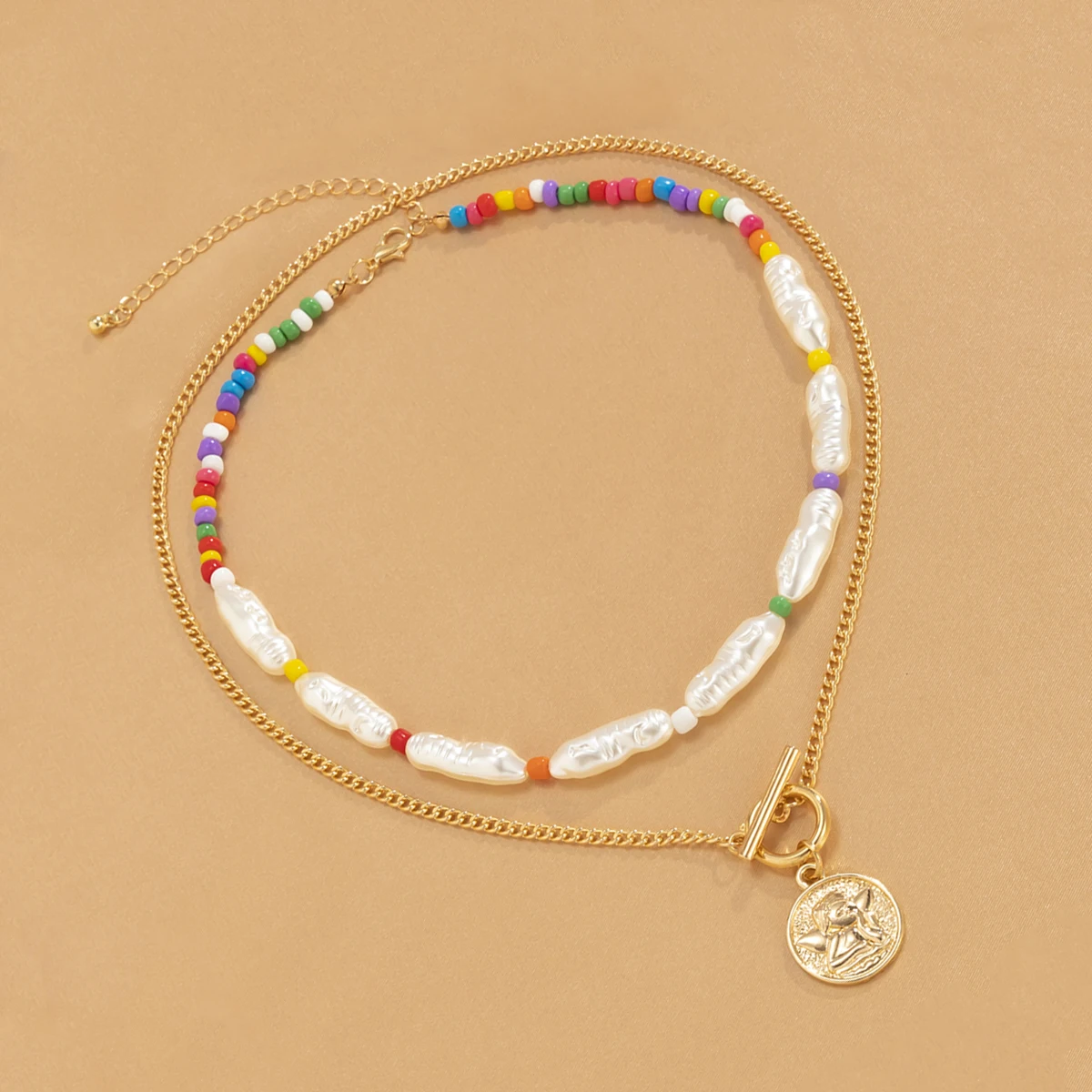 

PuRui Y2K Rainbow Beads Pearl Choker Necklace for Women Bohemia Coin Pendants Necklaces Set 2021 Fashion Jewelry for Neck Collar