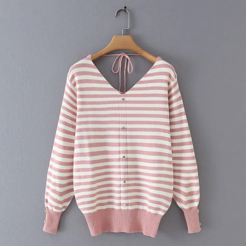 new spring autumn women v neck striped casual slim knitted sweaters ladies long sleeve back lace up thin sweater tops S148 | Женская