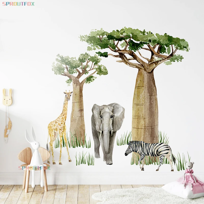Большие лесные животные настенные Стикеры для детской комнаты жираф слон Зебра