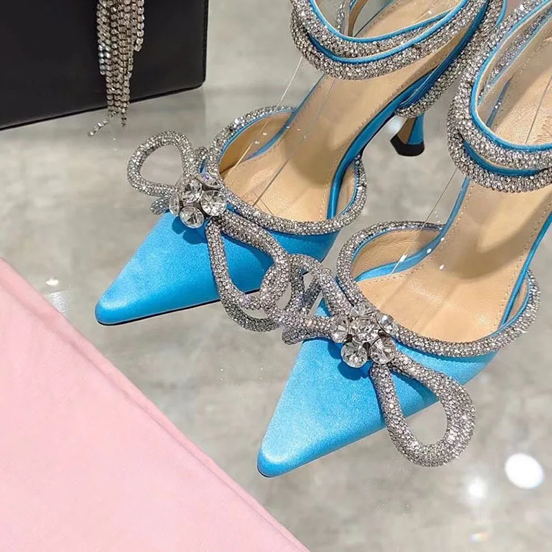

High Heels Stiletto Sandals New Pointed Toe Runway Style Glitter Rhinestones Butterfly-knot Women Pumps Buckle Strap Breathable