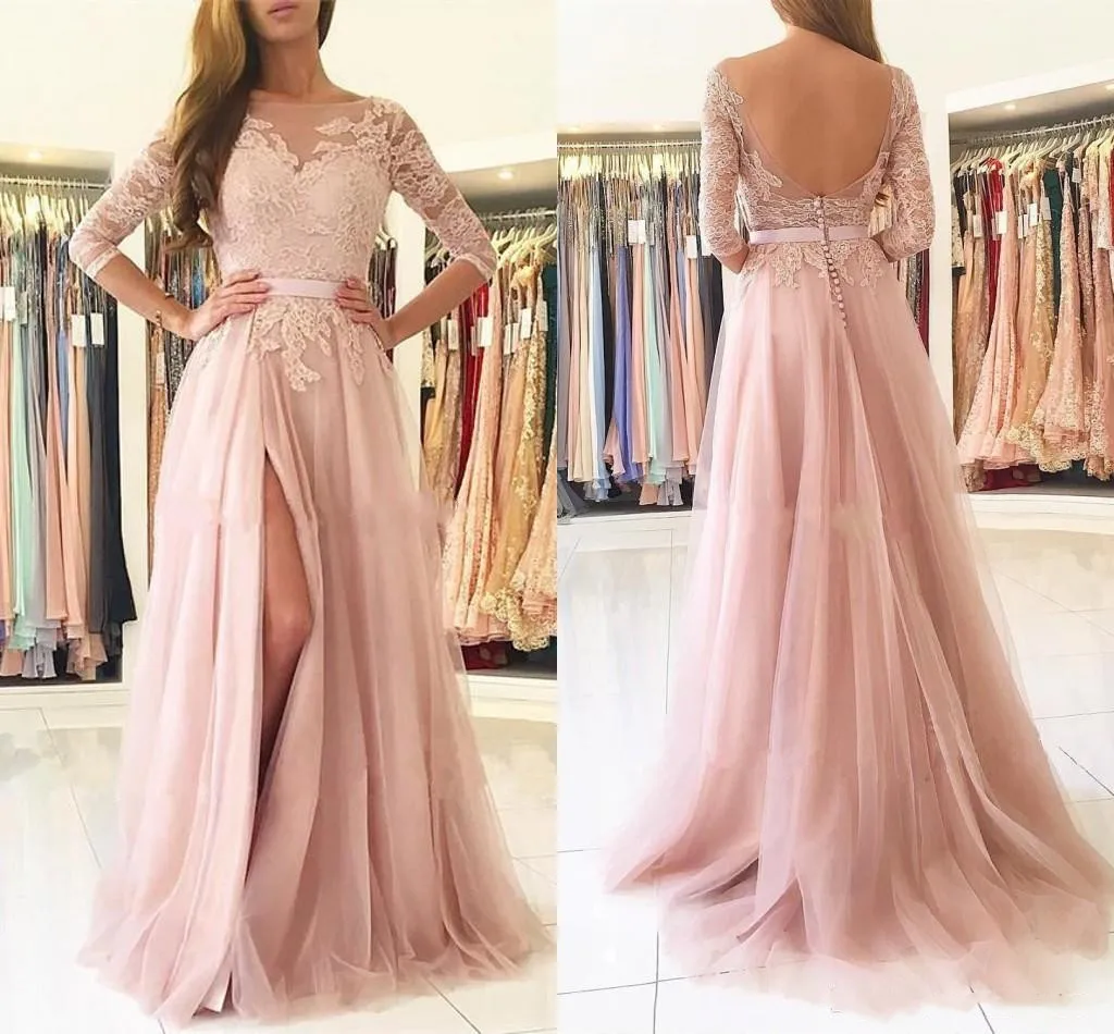 

Blush Pink Split Long Bridesmaids Dresses Sheer Neck 3/4 Sleeves Appliques Lace Maid of Honor Country Wedding Guest Gowns Cheap