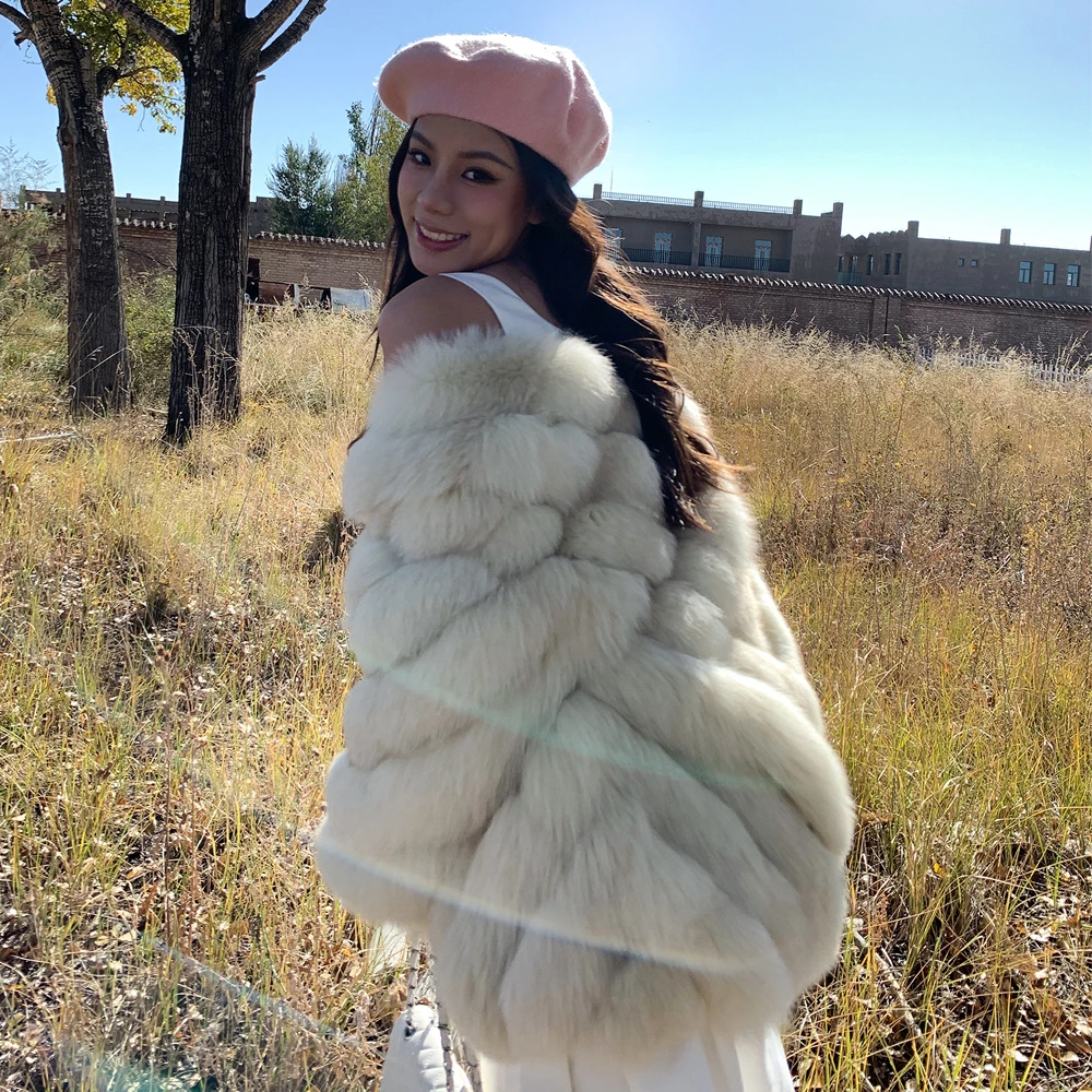 Women Winter Real Fur Coat Natural Whole Skin Genuine Fox Fur Coats Medium Length V-neck Thick Warm Fur Overcoat Trendy Female