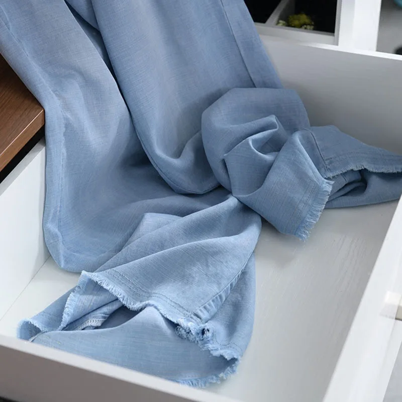 

USOHALL 2021 Spring and Summer New Tencel Linen Elastic Waist Blue Women's Casual Straight Wide Leg Pants