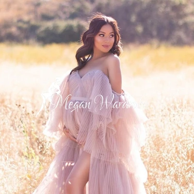 

Newest Sweet Pink Bridal Long Pleated Tulle Maternity Robes For Women Photo Shoot Front Open Off Shoulder Sheer Tulle Dresses