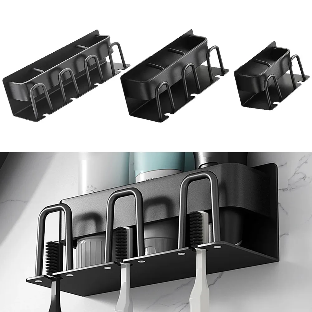 

Wall Mounted Aluminium Alloy Toothbrush Holder Bathroom Storage Rack Punch-Free Black Razor Cup Toothpaste Storage Shelf