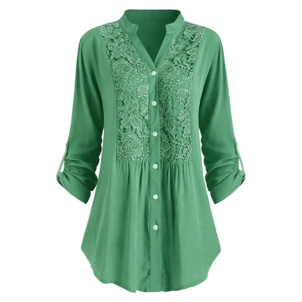 

70% Hot Sell Office Lady Solid Color V Neck Lace Stitching Buttons Down Plus Size Shirt Top