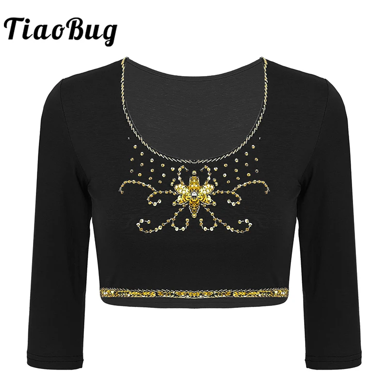 

Women Belly Dance Costume Sequins Beads Crop Tops Vest Blouse Round Neck Three Quarter Sleeve Training Performance Dancewear