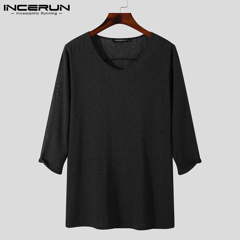 2022 Мужская футболка с V-образным вырезом и рукавом 3/4 однотонная уличная одежда