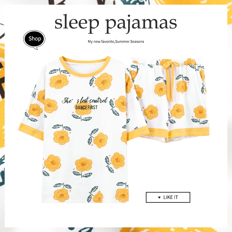 CAIYIER Japanese Summer Women Pajamas Cotton Girls Cute Cartoon Sleepwear Short Sleeve Shorts Round Neck Lounge Print Nightwear