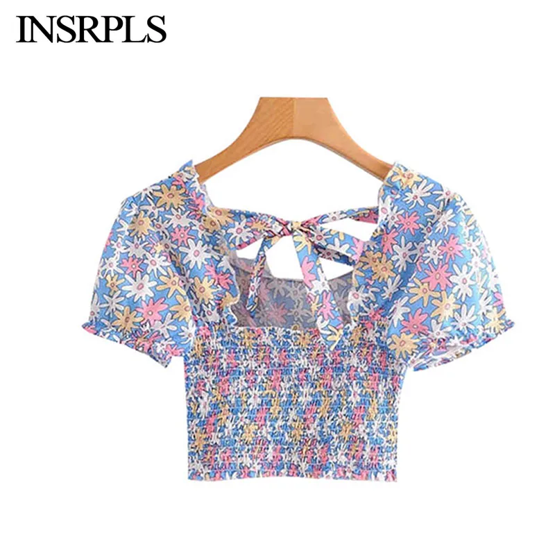 INSRPLS женские винтажные милые укороченные блузки с цветочным принтом и рюшами