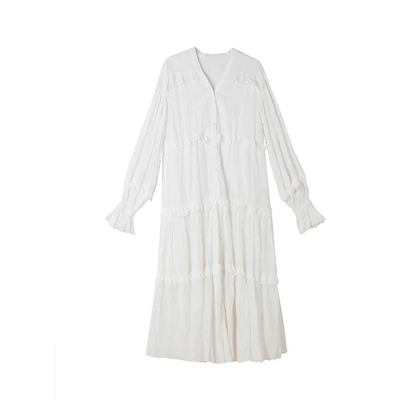 

Vintage Sweet V Neck Women's Spring Autumn Dress Plus Size White Solid Long Sleeve Long Party Dress Ruffle Elegant Clothing 2020